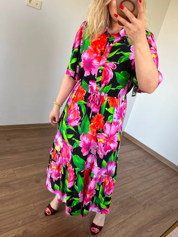 Floral Desen Yarım Düğmeli Gömlek Elbise 