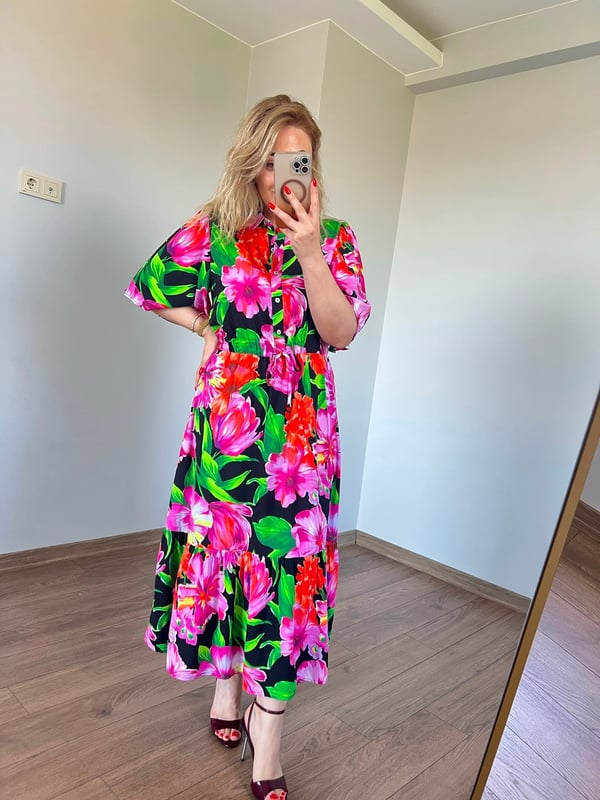 Floral Desen Yarım Düğmeli Gömlek Elbise 