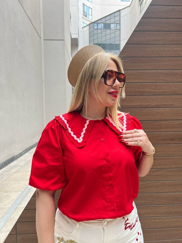 Geniş Yakalı, Poplin Kumaş Gömlek  (Kırmızı)