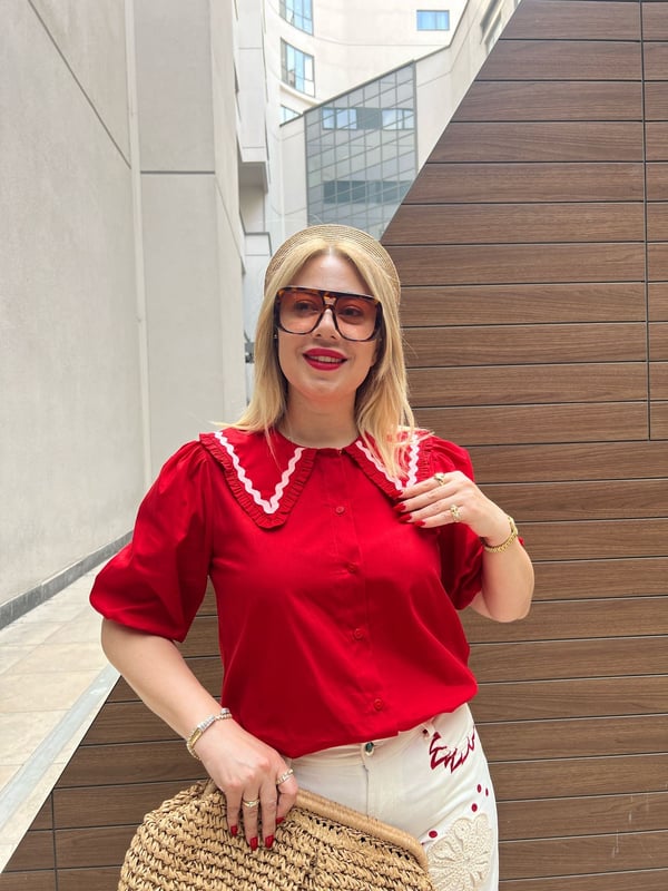 Geniş Yakalı, Poplin Kumaş Gömlek  (Kırmızı)
