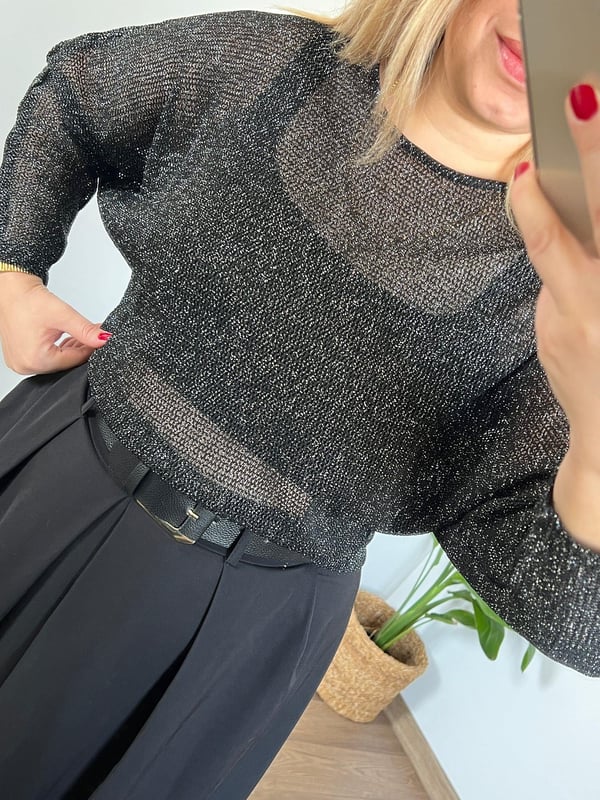 Glitter Detaylı Yarasa Kol File Bluz    