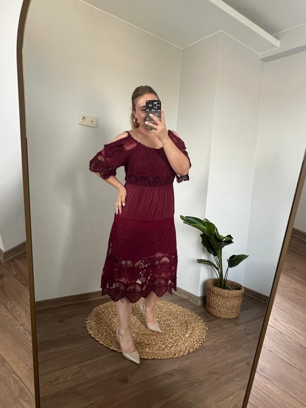 İtalyan Güpür Detaylı Elbise(Bordo) 