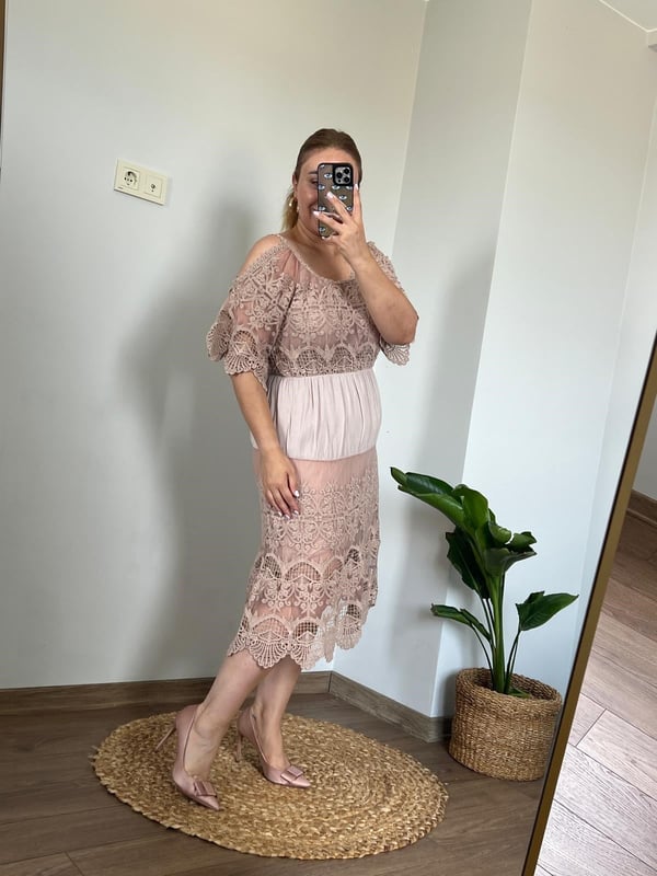 İtalyan Güpür Detaylı Elbise(Toz pembe) 