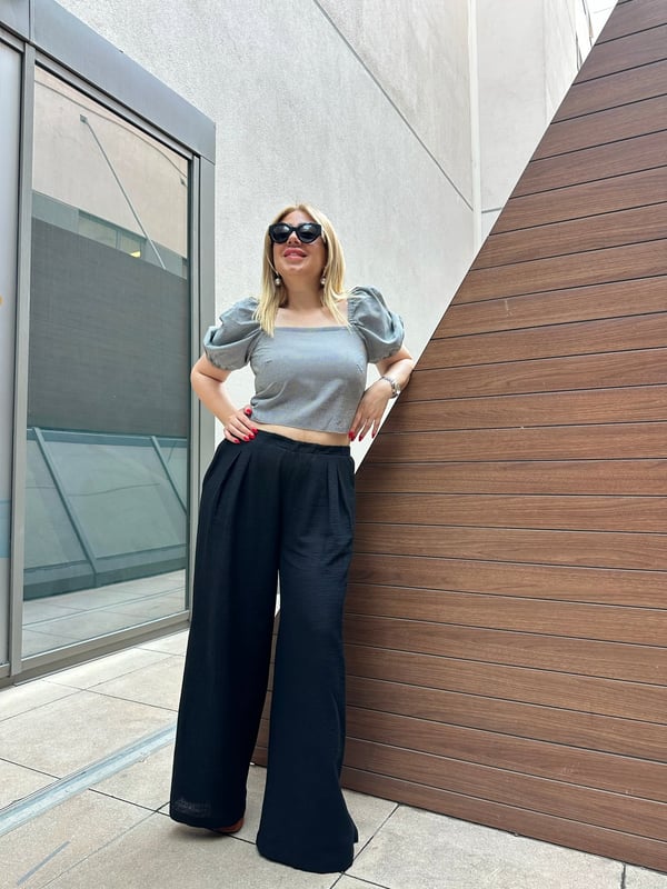 Kare Yaka Potikare Desen Crop Bluz (Siyah-Beyaz)