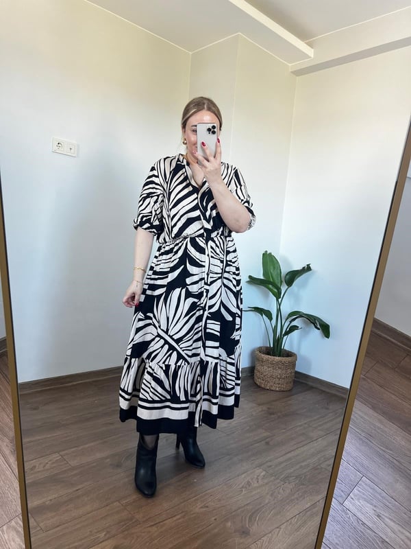 Kısa Kol  Maxi Boy Gömlek Elbise (Siyah-Krem)