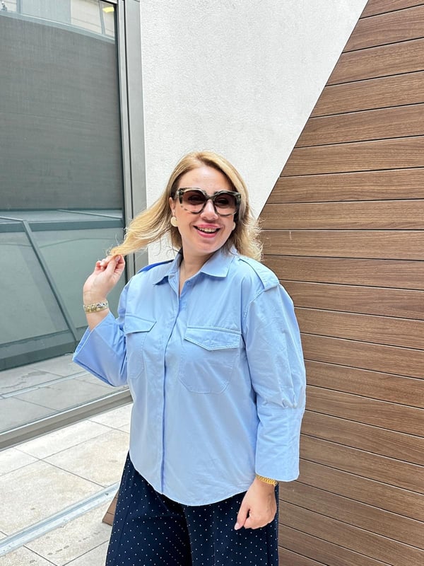Manşetli Poplin Kumaş Gömlek (Mavi)