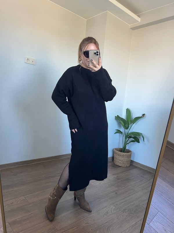 Midi Boy Likralı  Triko Elbise (Siyah)