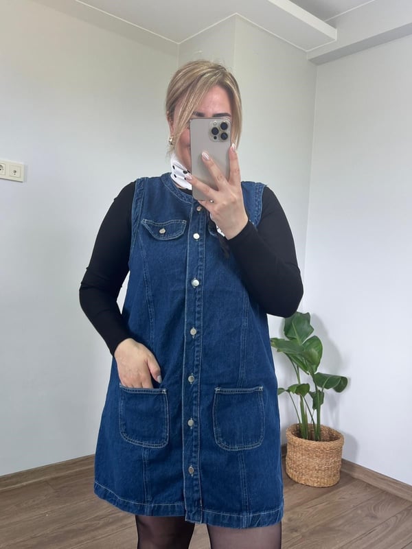 Önden Düğmeli Kolsuz Denim Elbise 