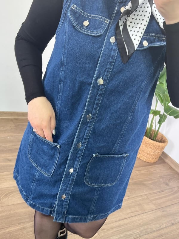 Önden Düğmeli Kolsuz Denim Elbise 