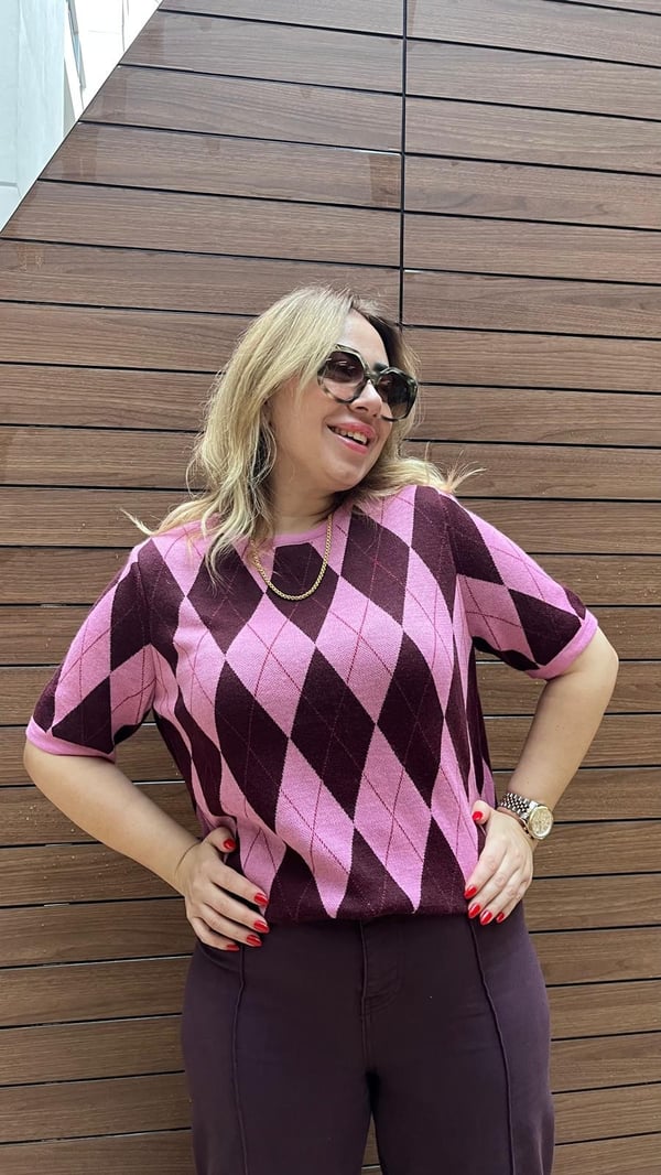 Orijinal Marka Baklava Desen Kısa Kol Bluz (Mor-pembe) 