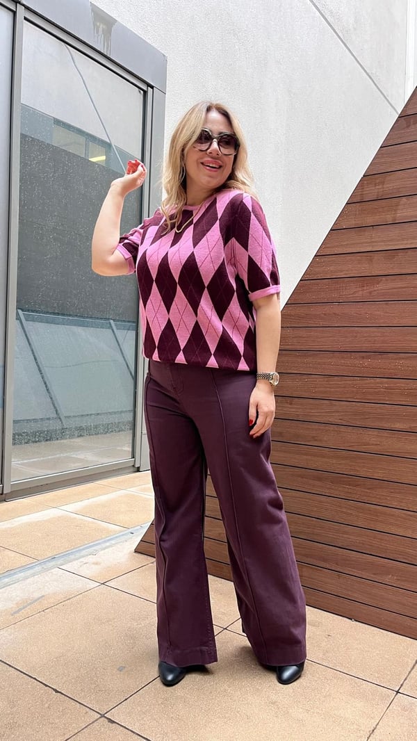 Orijinal Marka Baklava Desen Kısa Kol Bluz (Mor-pembe) 