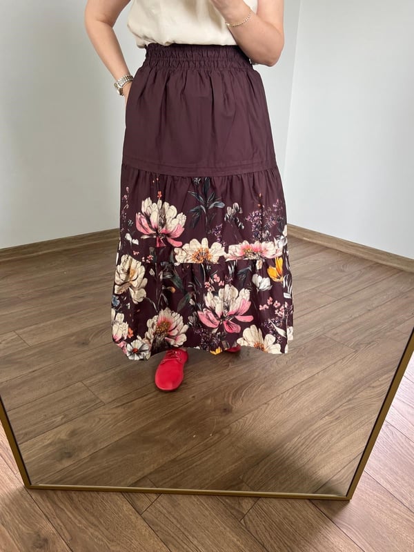 Orijinal Marka Beli Lastikli Çiçekli Etek(Kahve) 