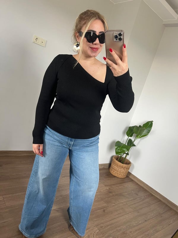 Orijinal Marka Çapraz Yaka Triko Bluz (Siyah) 