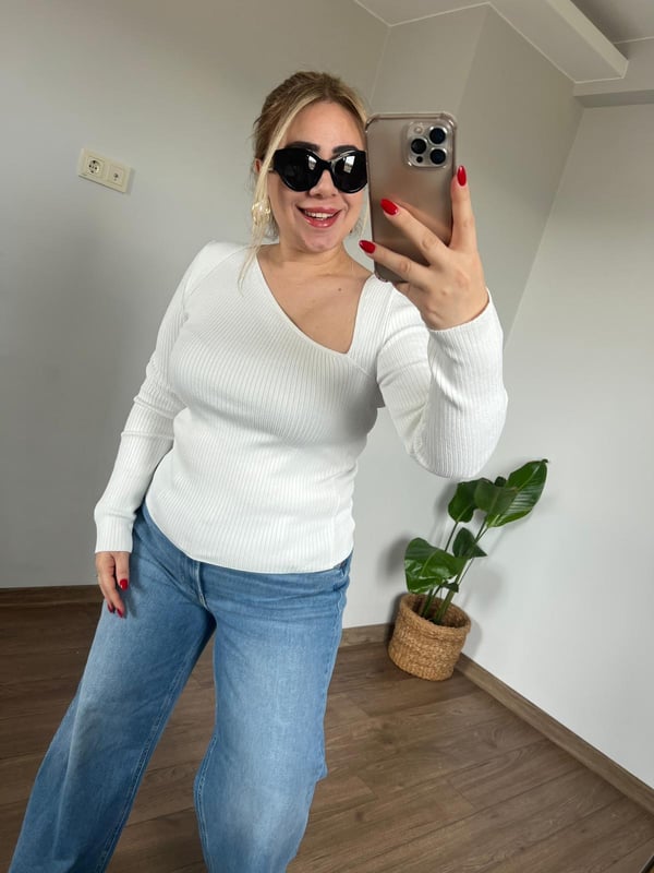 Orijinal Marka Çapraz Yaka Triko Bluz (Beyaz) 