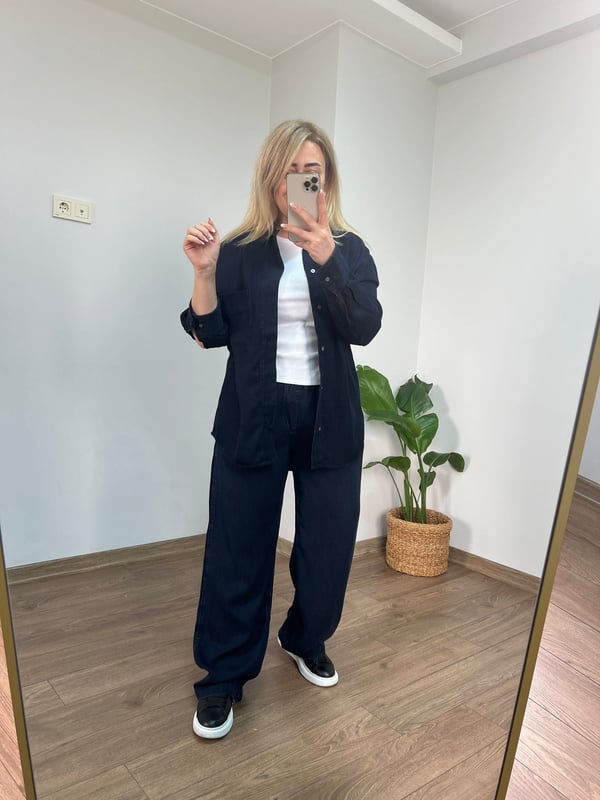 Orijinal Marka İnce Doku Denim Gömlek (Lacivert) 