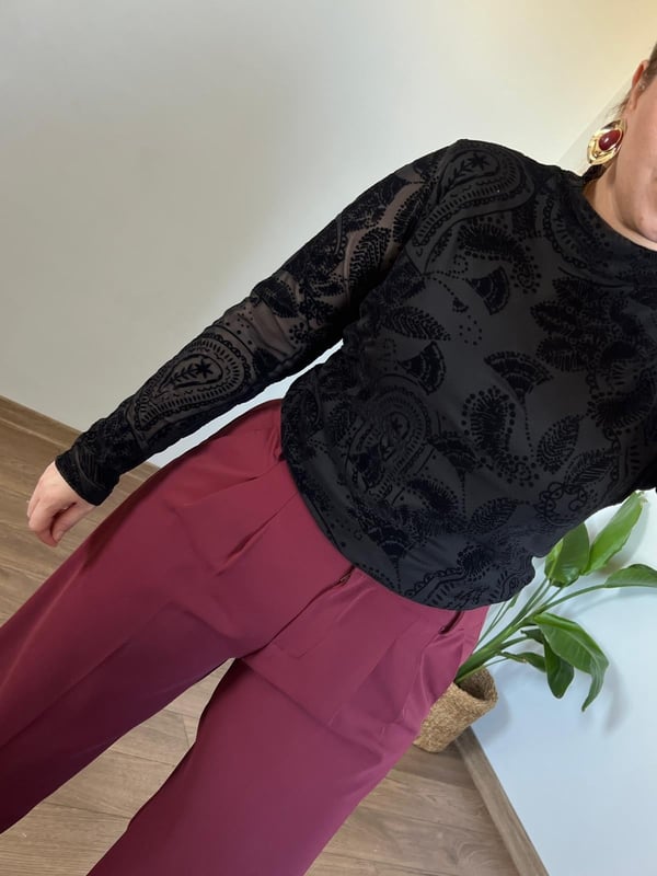 Orijinal Marka Kadife Baskılı Tül Bluz