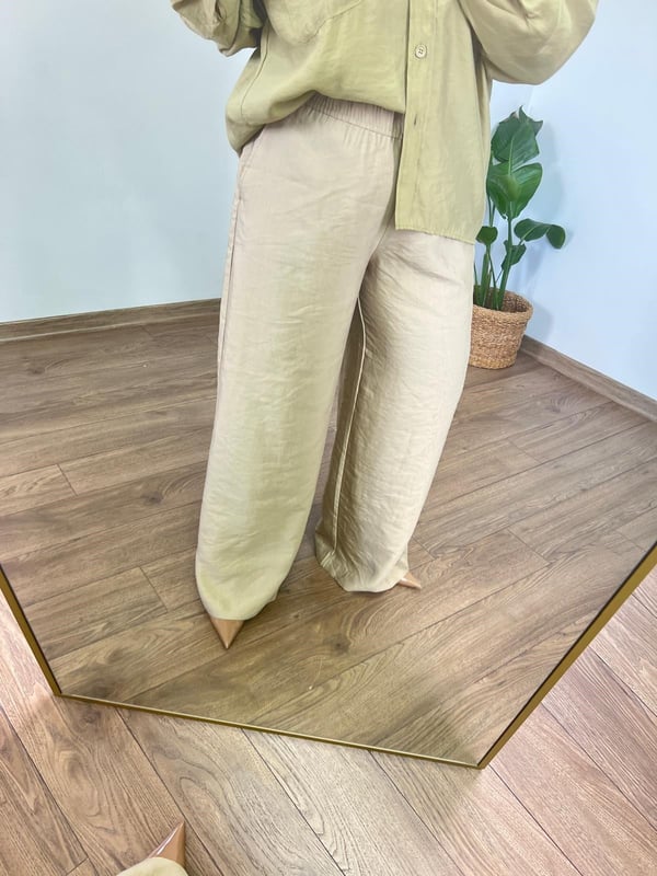 Orijinal Marka Keten Dokulu Palazzo Pantolon (Camel) 