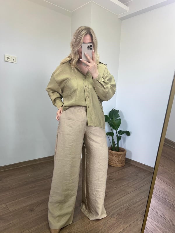 Orijinal Marka Keten Dokulu Palazzo Pantolon (Camel) 