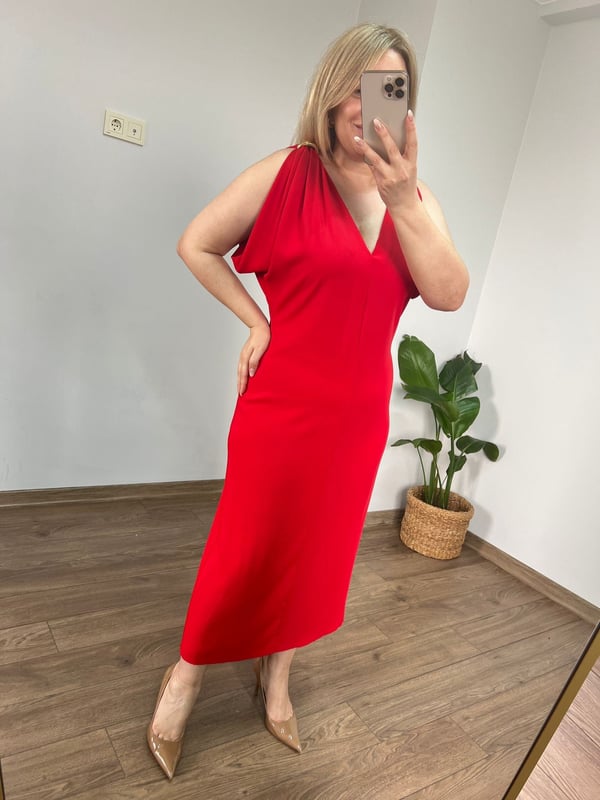 Orijinal Marka V Yaka Kolları Detaylı Midi Elbise (Kırmızı) 