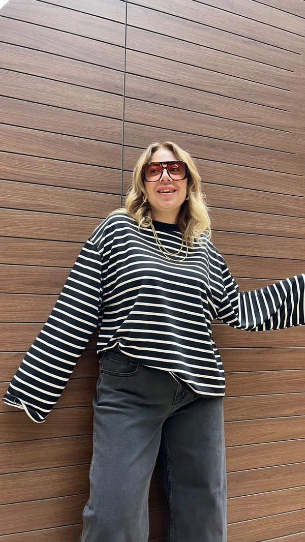 Oversize Çizgili Bisiklet Yaka Basic Bluz(Siyah-Beyaz) 
