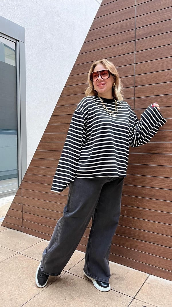 Oversize Çizgili Bisiklet Yaka Basic Bluz(Siyah-Beyaz) 
