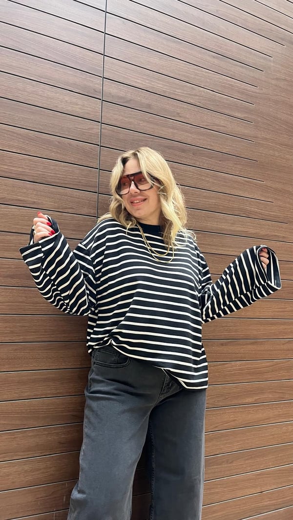 Oversize Çizgili Bisiklet Yaka Basic Bluz(Siyah-Beyaz) 