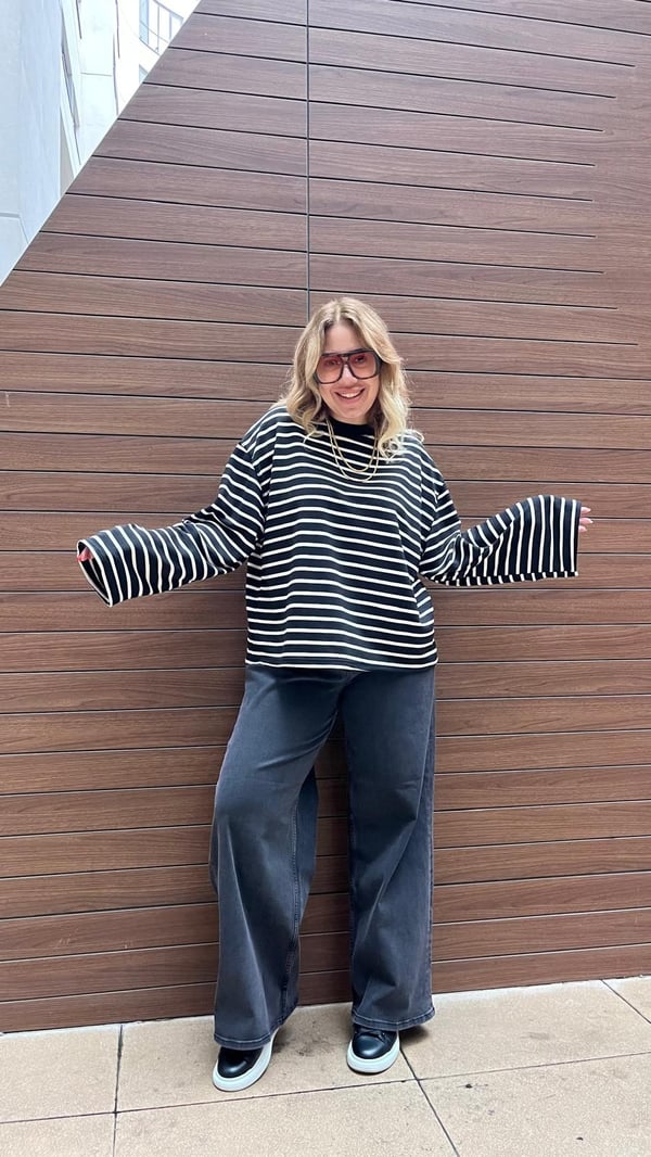 Oversize Çizgili Bisiklet Yaka Basic Bluz(Siyah-Beyaz) 