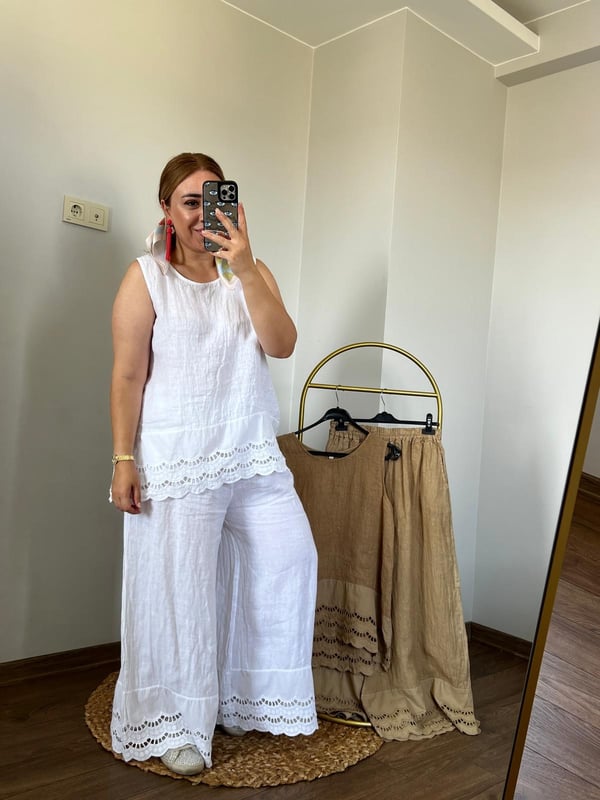 Paçası Fisto Detaylı İtalyan Keten Pantolon (Beyaz) 