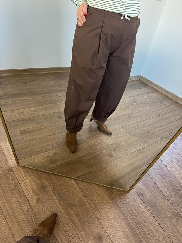 Pamuk Dokulu Bağcıklı Baggy Pantolon (Kahve)  