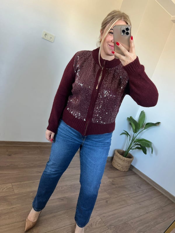 Payet Detaylı Triko Ceket (Bordo)