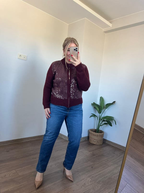 Payet Detaylı Triko Ceket (Bordo)