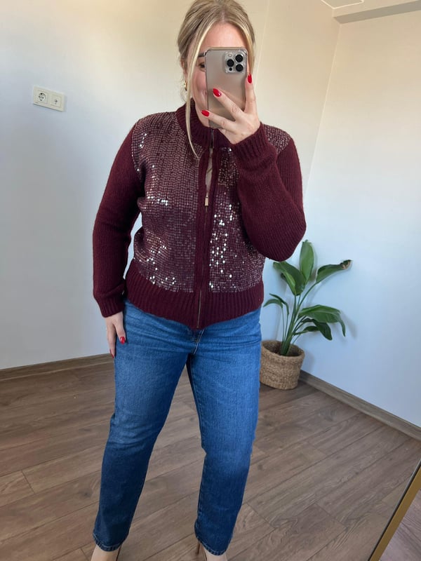 Payet Detaylı Triko Ceket (Bordo)