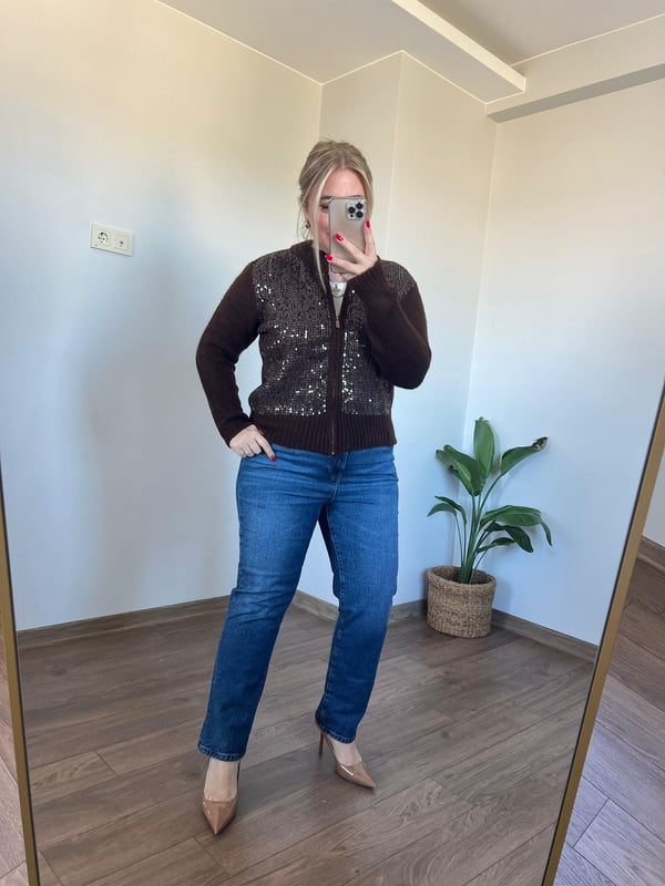 Payet Detaylı Triko Ceket (Kahve)