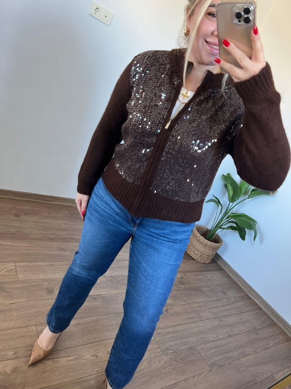 Payet Detaylı Triko Ceket (Kahve)