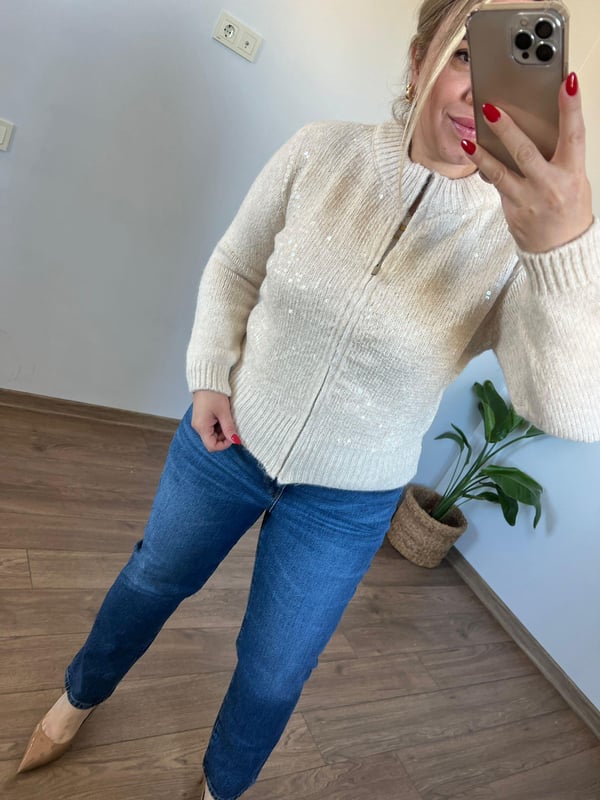 Payet Detaylı Triko Ceket (Krem)