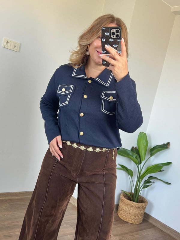 Polo Yaka Cep Detaylı Gold Düğmeli Triko Hırka Lacivert
