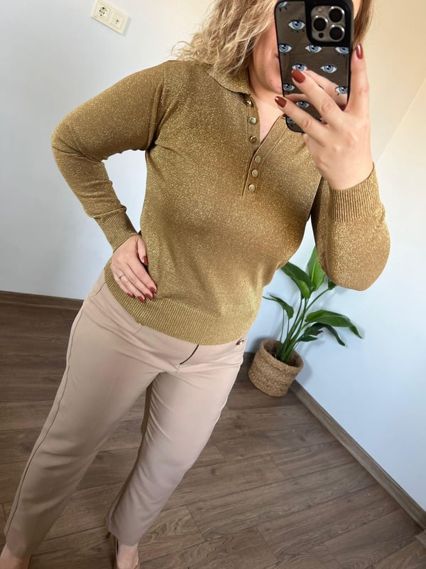 Polo Yaka Simli İnce  Triko Bluz 