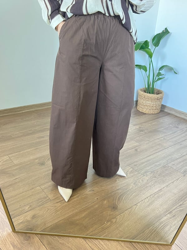 Poplin Kumaş beli Lastikli Geniş Paça Pantolon (Acı Kahve)