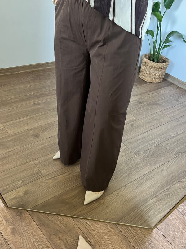 Poplin Kumaş beli Lastikli Geniş Paça Pantolon (Acı Kahve)