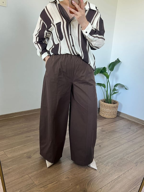 Poplin Kumaş beli Lastikli Geniş Paça Pantolon (Acı Kahve)