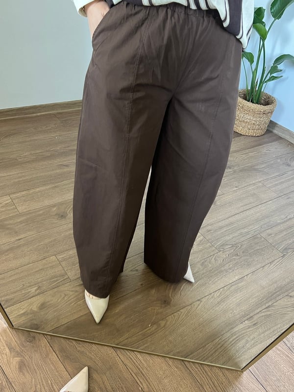Poplin Kumaş beli Lastikli Geniş Paça Pantolon (Acı Kahve)