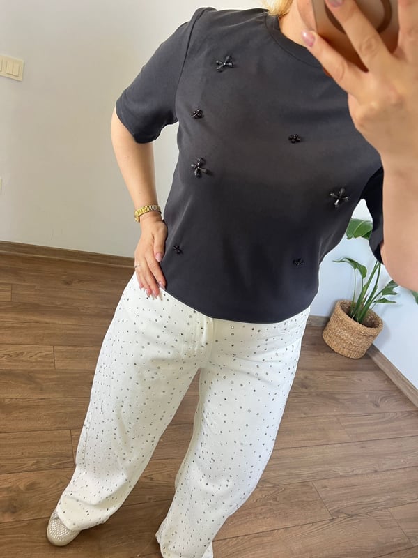 Şeffaf Taş Detaylı  Tshirt (Siyah) 