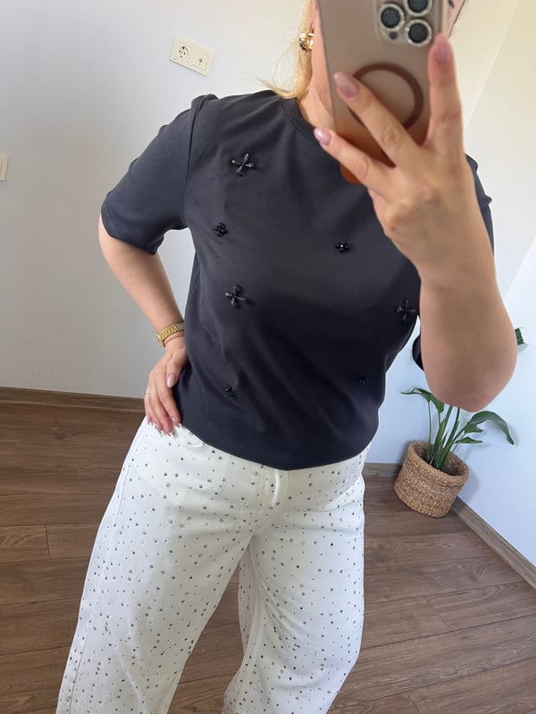 Şeffaf Taş Detaylı  Tshirt (Siyah) 