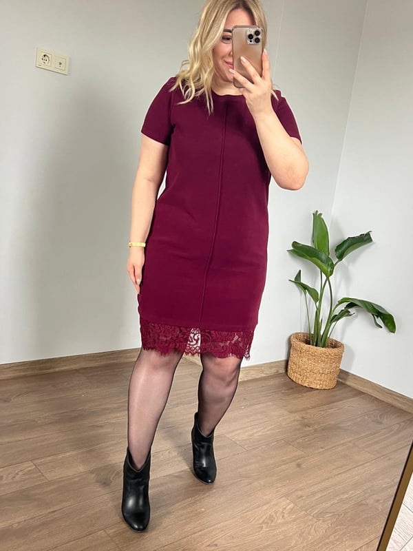 Selanik Kumaş Dantelli Elbise (Bordo) 