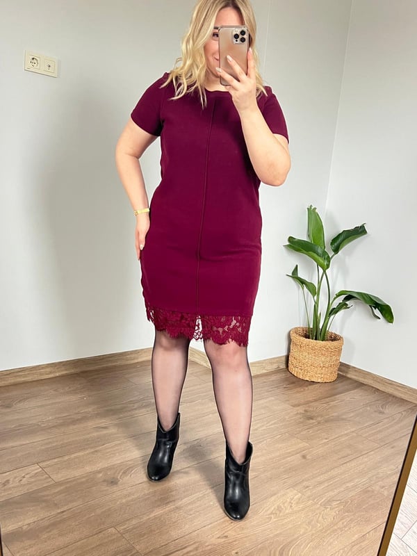 Selanik Kumaş Dantelli Elbise (Bordo) 