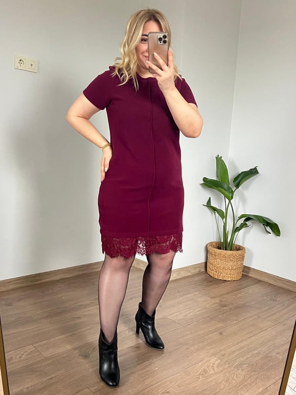 Selanik Kumaş Dantelli Elbise (Bordo) 