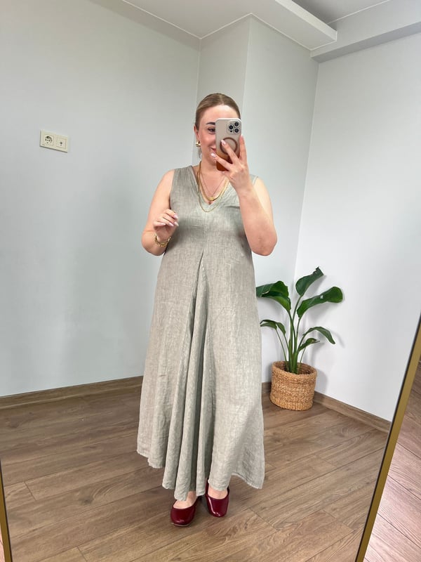 Standart Beden %100 Ham Keten Elbise (Vizon) 