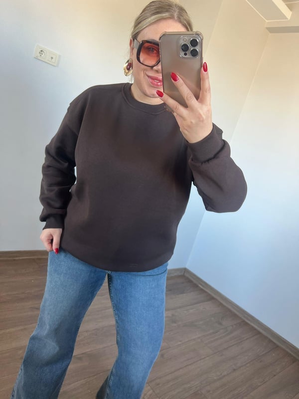 Üç İplik Bisiklet Yaka Sweatshirt (Kahve) 