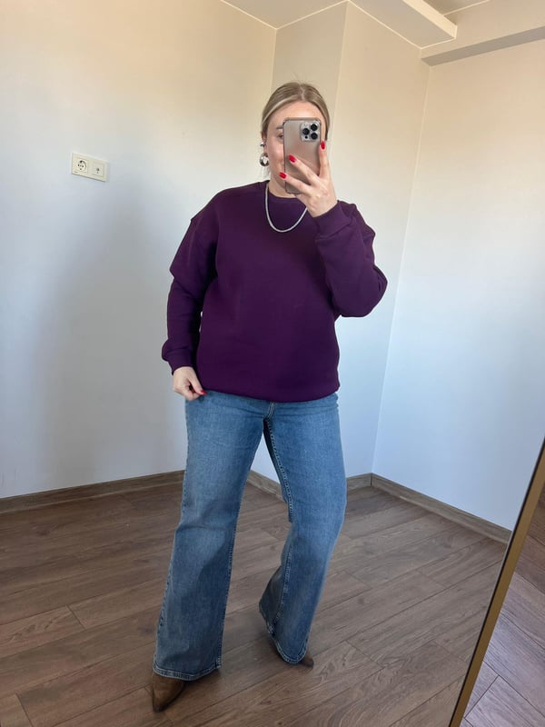 Üç İplik Bisiklet Yaka Sweatshirt (Mor) 