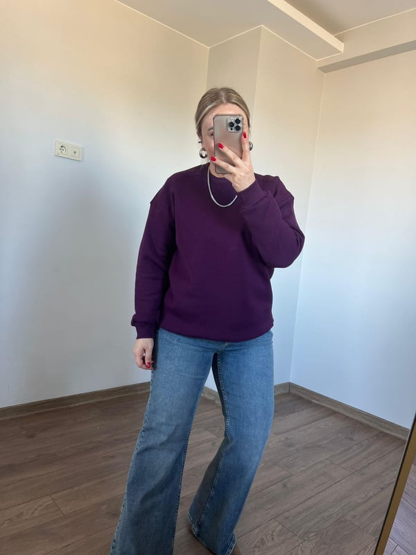 Üç İplik Bisiklet Yaka Sweatshirt (Mor) 